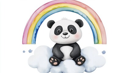 Cute panda bear holding a rainbow cloud in a pastel colorful background