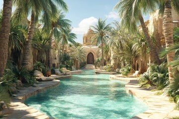 Fototapeta premium Serene tropical oasis with a sparkling pool surrounded by lush palm trees.