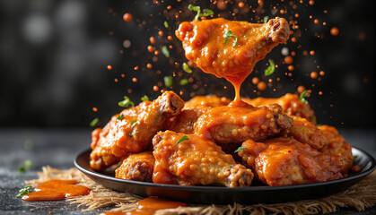 Spicy Buffalo Wings in Dynamic Sauce Tossing Action Shot with High Contrast Lighting