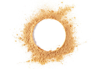 Red maca organic powder in shape circle isolated on white, top view	