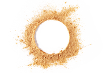 Red maca organic powder in shape circle isolated on white, top view	