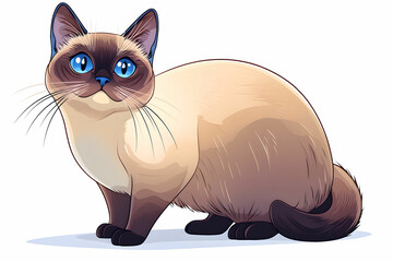 Obraz premium Playful Siamese Cat Illustration with Bright Blue Eyes and Soft Fur in a Cute Pose on a White Background