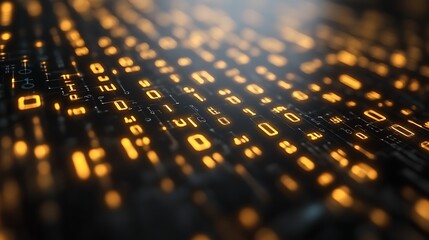 Glowing binary code streams across a dark surface.