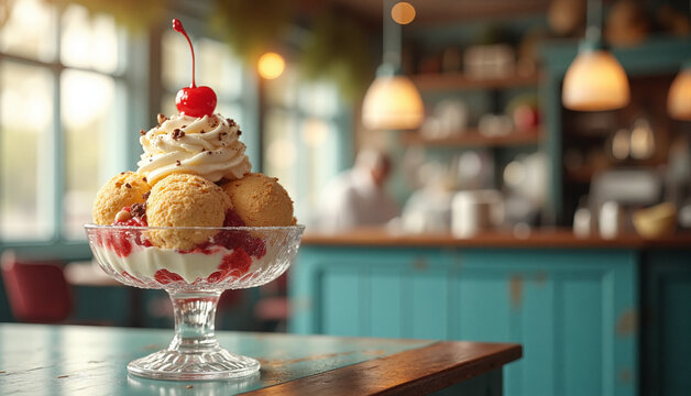 Vintage Ice Cream Sundae in Nostalgic Parlor Setting with Soft Natural Lighting