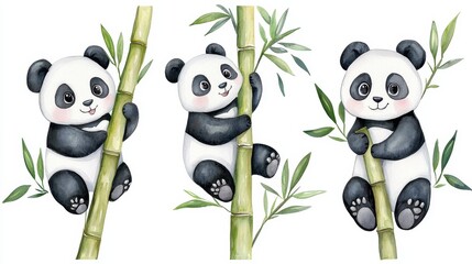Naklejka premium Cute Panda Bears Climbing Bamboo in Forest Habitat