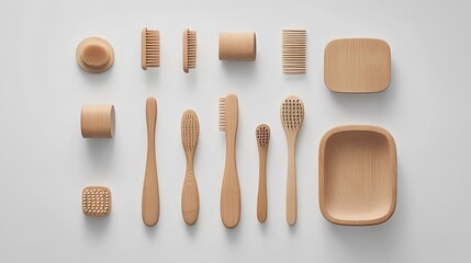 A flat lay image shows an assortment of wooden toiletry items on a white background. 