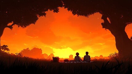 Couple enjoying sunset picnic.