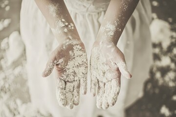 Child baking cookies, hands covered in flour.