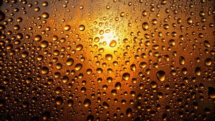 Water drops on black glass background illuminated with warm orange light, beads of water