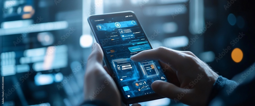 Poster a person interacting with a smartphone displaying a futuristic interface.
