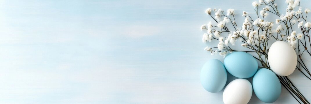 Pastel Easter eggs are beautifully arranged with flowers, creating a vibrant display on a soft blue background, symbolizing spring joy and enhancing festive family gatherings and celebrations