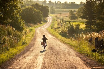Obraz premium Child riding a bicycle down a country road.
