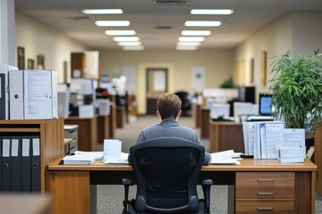A man sits at a desk in a large office with a potted plant in the background
