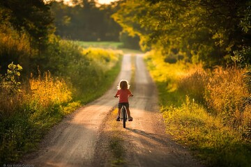 Obraz premium Child riding a bicycle down a country road.