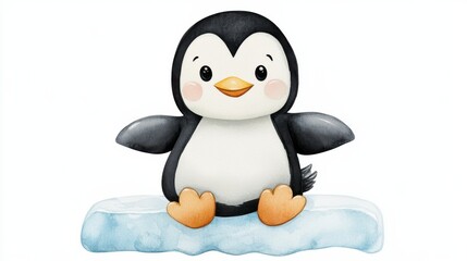 Fototapeta premium Cute Cartoon Penguin Sitting on Ice Floe in Snowy Arctic Winter Landscape
