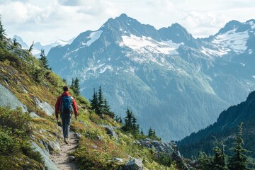 Fototapeta premium Man hiking on a mountain trail, admiring the view.