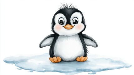 Naklejka premium Cute Cartoon Penguin Chick on Snowy Icy Background