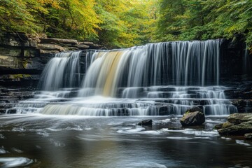 Fototapeta premium Vertical composition of waterfall with rainbow mist, dynamic lighting, long exposure nature photography