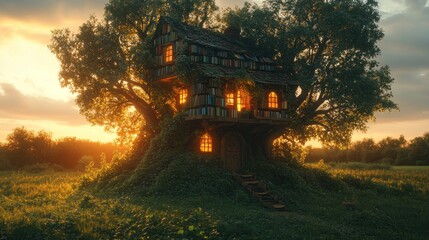 Fototapeta premium A whimsical treehouse with glowing windows nestled in a lush landscape at sunset.