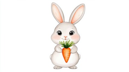 Obraz premium Adorable Cartoon Rabbit Holding a Carrot in a Lush Spring Garden