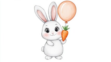 Obraz premium Cute Cartoon Rabbit Holding a Carrot and Colorful Balloon