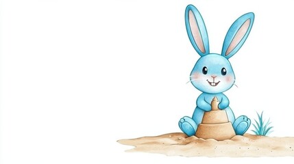 Obraz premium Cheerful Blue Rabbit Sitting on Sandy Beach