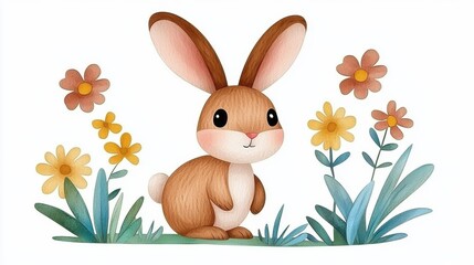 Fototapeta premium Adorable Bunny Hopping in Floral Spring Meadow
