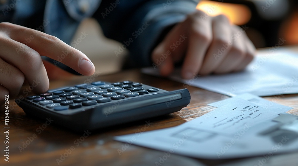 Aufkleber a person using a calculator while reviewing documents on a wooden table.