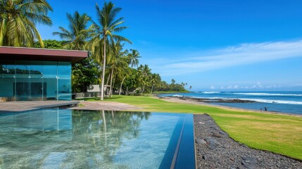 Obraz premium Serene Tropical Landscape with Modern Architecture and Ocean View