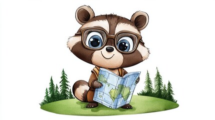 Fototapeta premium Curious Cartoon Raccoon Reading Map in Green Forest Landscape