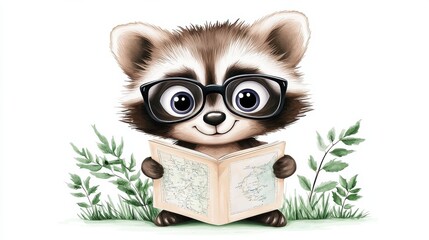 Fototapeta premium Adorable Cartoon Raccoon Reading a Book in the Forest