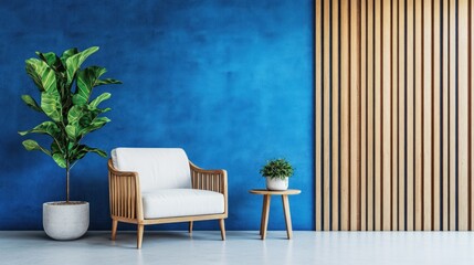 White armchair, plant, wooden wall, blue wall.