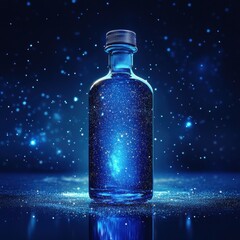 A bottle of blue liquid is on a table with a lot of glitter