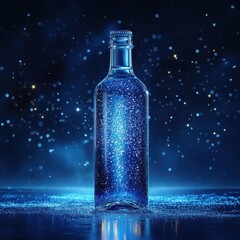 A bottle of water is sitting on a table with a blue background
