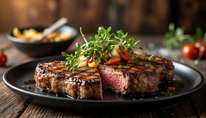 Juicy Steak Cuts on Black Plate with Herb Garnish and Fresh Vegetables Moody Dining Setting