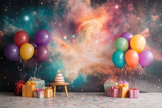 A colorful birthday party with balloons, a cake, and presents