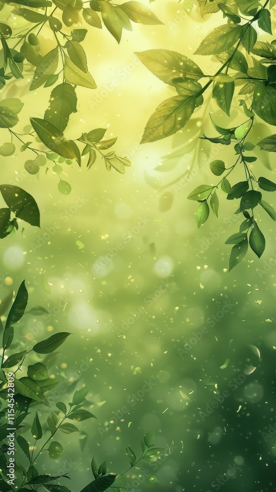 Poster a serene green background with leaves and soft light, creating a tranquil atmosphere.