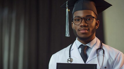 Portrait of a smiling African American male medical graduate in cap and gown holding diploma.