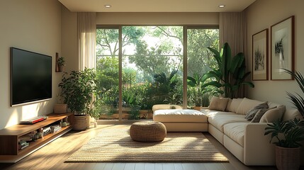 Fototapeta premium Modern living room with a view. Concept of relaxation, comfort, and nature.