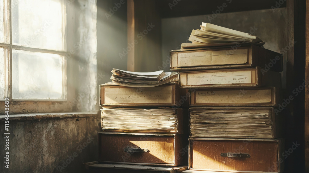 Poster dusty archive room with stacked old document boxes bathed in soft light