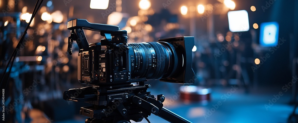 Poster a professional camera set up for filming in a studio environment.