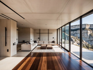 Fototapeta premium Luxurious living room with natural stone elements and panoramic views, combining modernity and nature. Perfect for luxury architecture and interior design themes. Generative AI
