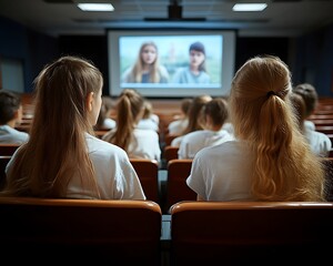 Students watching a movie in a lecture hall.