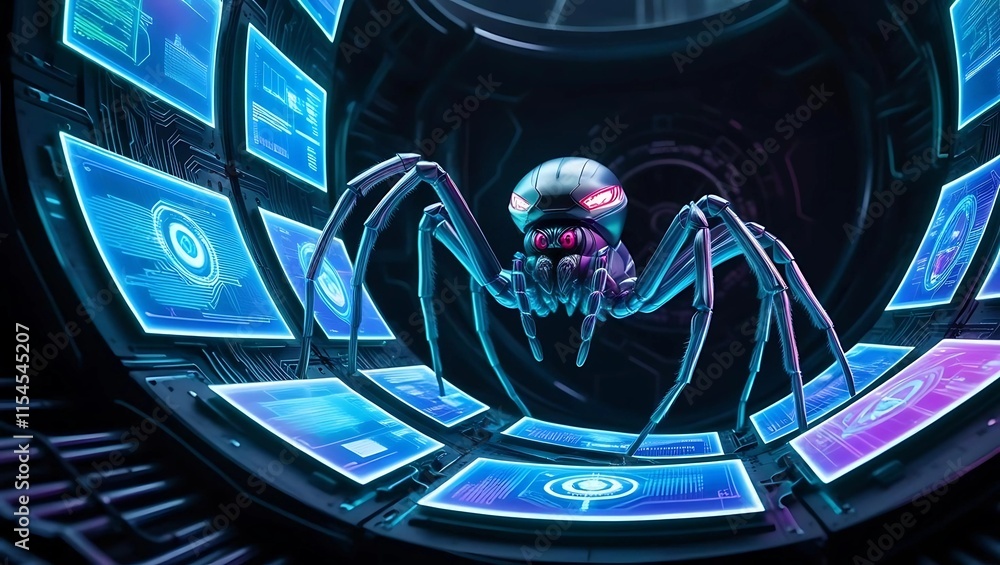 Poster a menacing robotic spider crawls through a futuristic tunnel, surrounded by glowing screens displayi