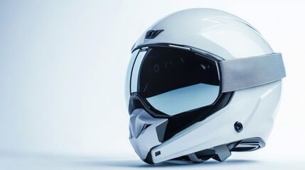 Fototapeta premium Modern ski helmet with advanced impact protection, snow-white background, targeting winter sports enthusiasts --ar 16:9 --v 6.1 Job ID: ff802168-73c5-4f37-80bc-88226a5b7a35