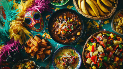 Traditional Brazilian Carnival Feast with Colorful Dishes and Festive Decor