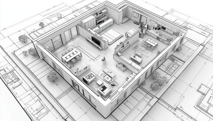 Black-and-white 3D rendering of a furnished residential house, with detailed second-floor plan and layout.