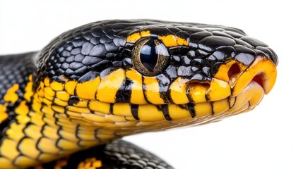 Fototapeta premium Striking Yellow and Black Patterned Snake Coiled in Defensive Position