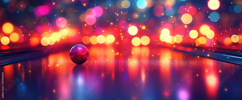 Poster a reflective sphere amidst colorful bokeh lights on a smooth surface.