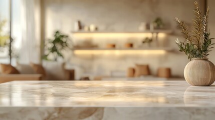 Blurred background of a chic modern living room featuring a beige marble table and a floating shelf, creating a soft bokeh effect.
